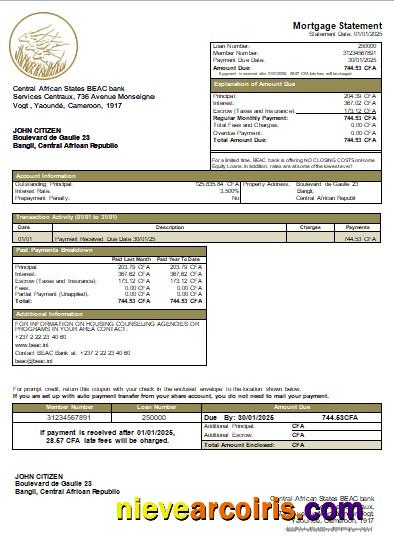 Central African Republic BEAC bank mortgage statement